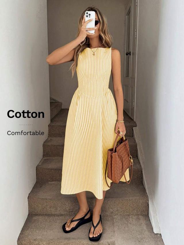 yellow and white striped sleeveless midi dress