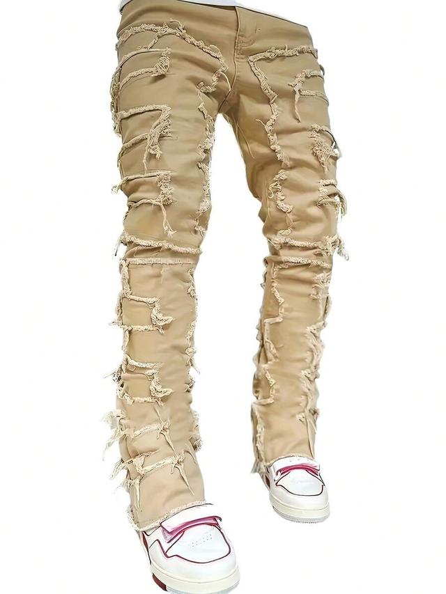 men's slim fit khaki distressed tassel straight jeans