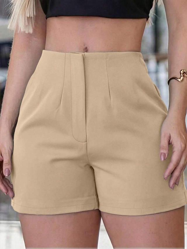 women's beige high-waisted tailored straight leg shorts