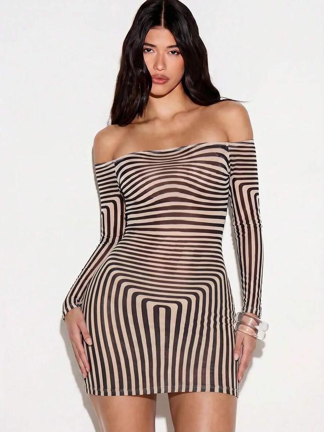off-shoulder striped bodycon mini dress