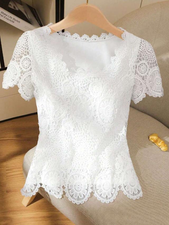 white crochet lace short-sleeve square neck blouse