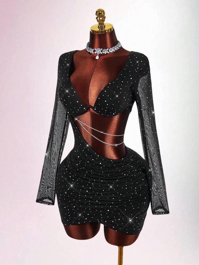 black rhinestone ruched mini bodycon dress
