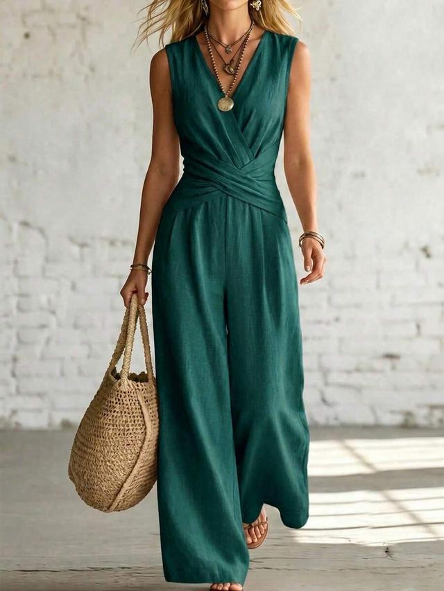 sleeveless v-neck cinched waist wide leg jumpsuit