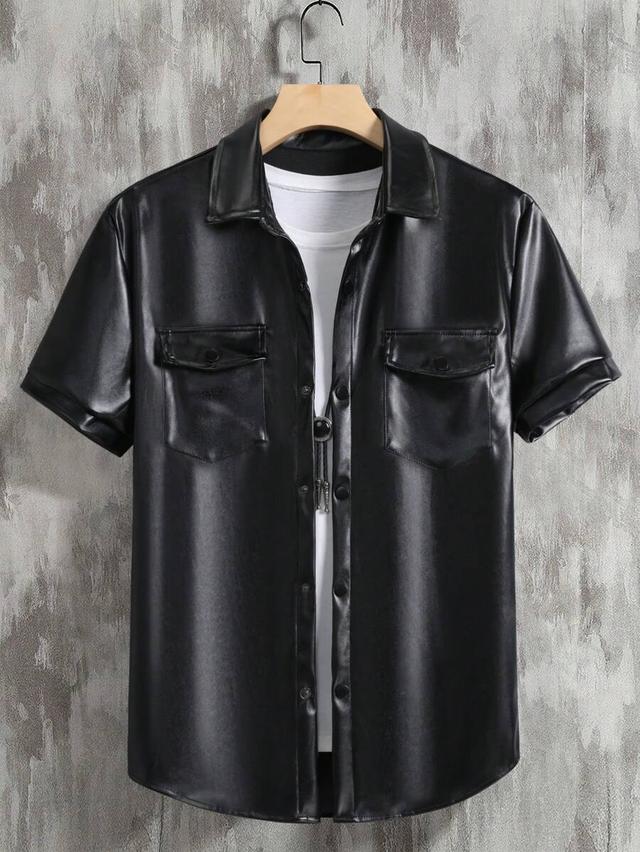 black faux leather short sleeve button up shirt