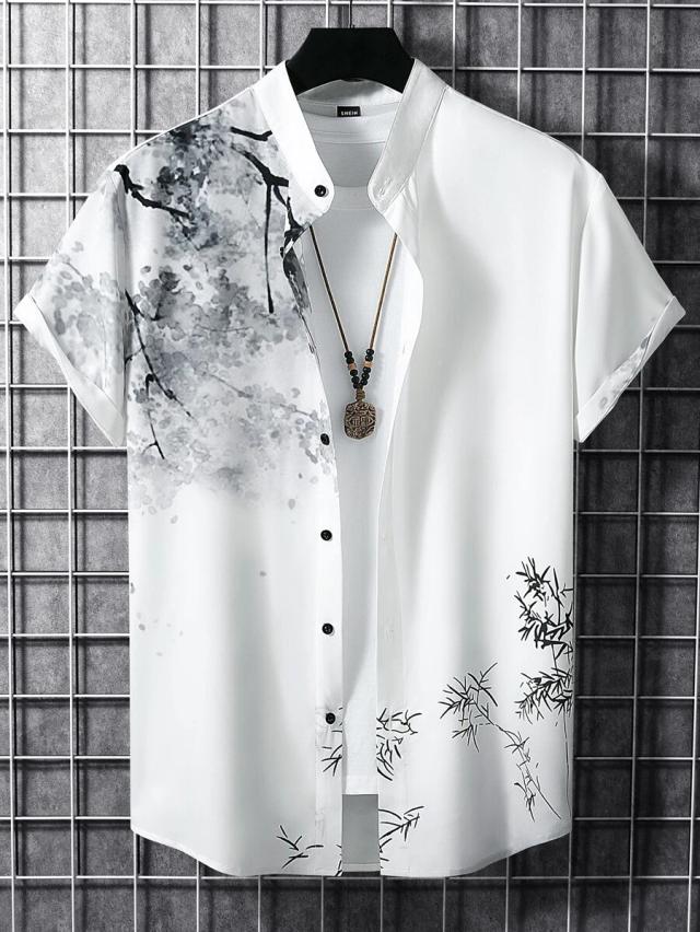 white mandarin collar shirt with botanical print