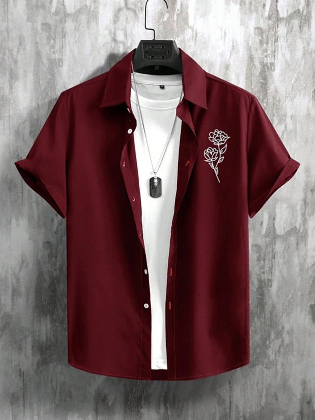 maroon short sleeve rose print button down shirt