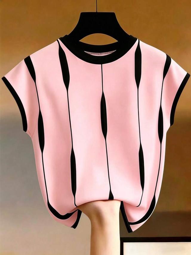 women's pink and black asymmetrical striped crew neck top