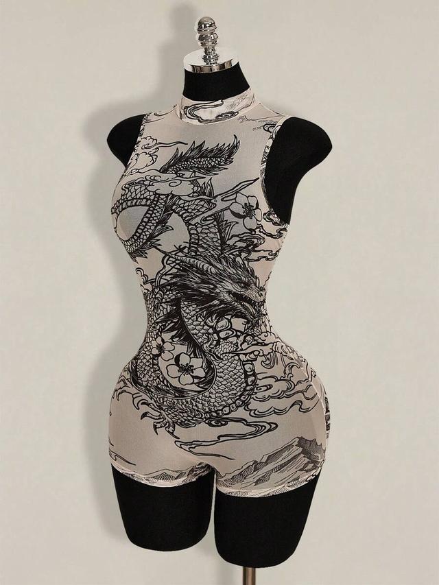nude sleeveless mock neck bodysuit with black dragon print
