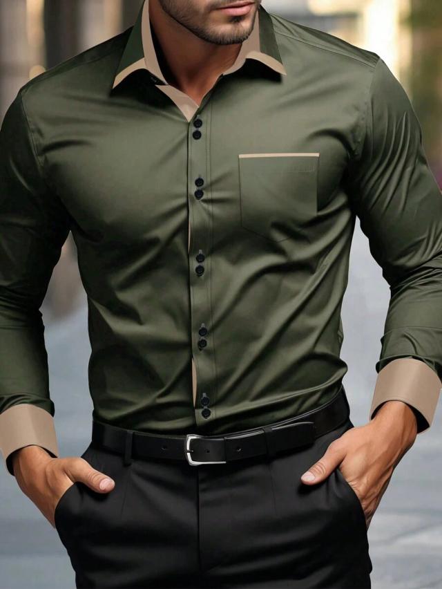 olive green patchwork button-down shirt with contrast trim