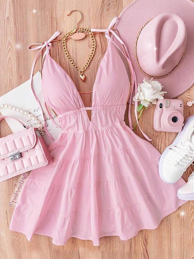 pastel pink tiered mini dress with tie straps