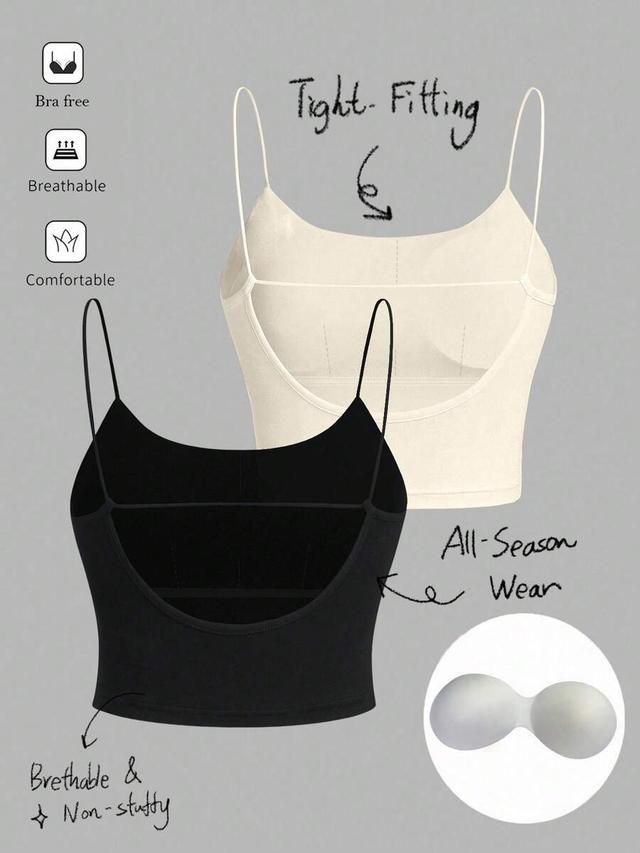 black casual spaghetti strap tank top with built-in bra