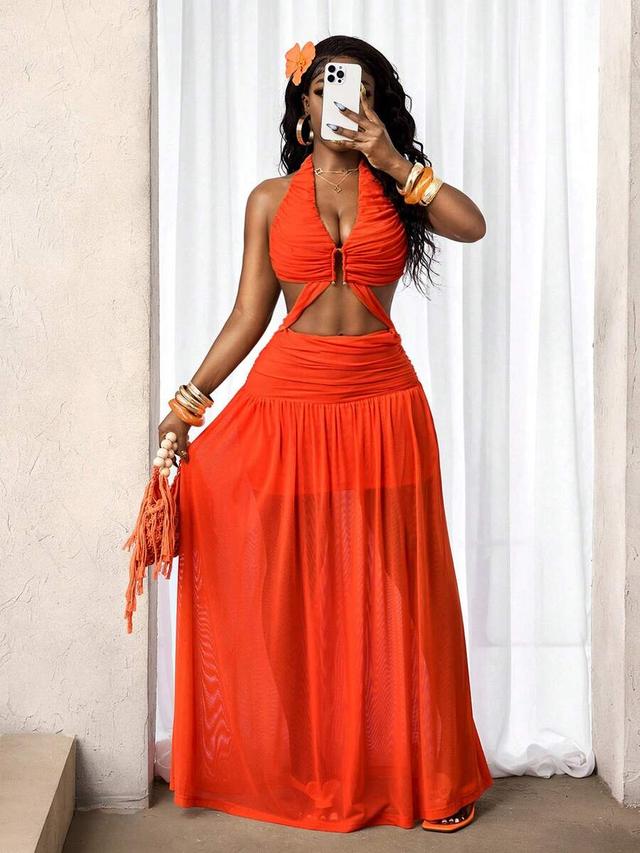 orange red v-neck backless flared summer dress