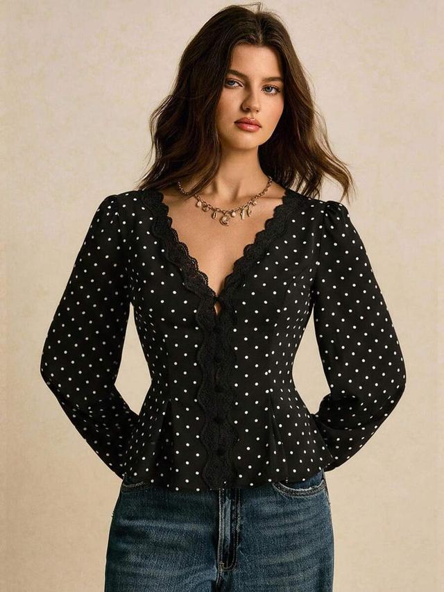 polka dot v-neck lace trim long sleeve blouse