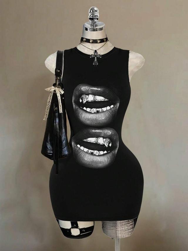black bodycon mini dress with lip graphic print