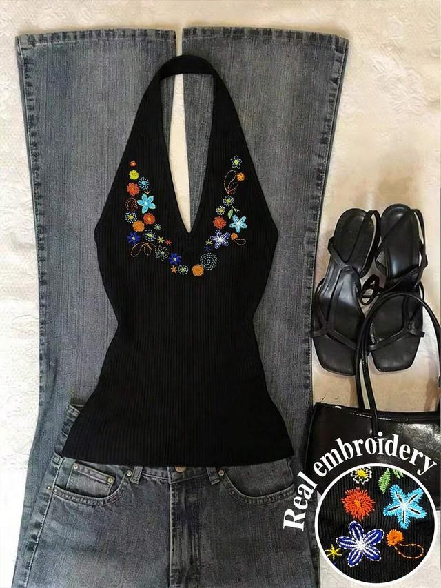 black ribbed halter top with floral embroidery