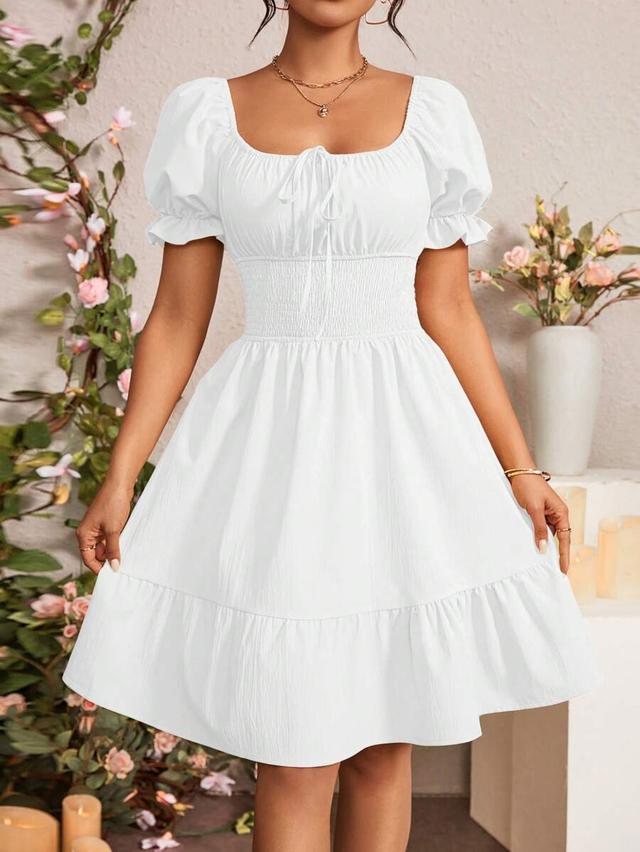 white solid color puff sleeve fitted waist dress