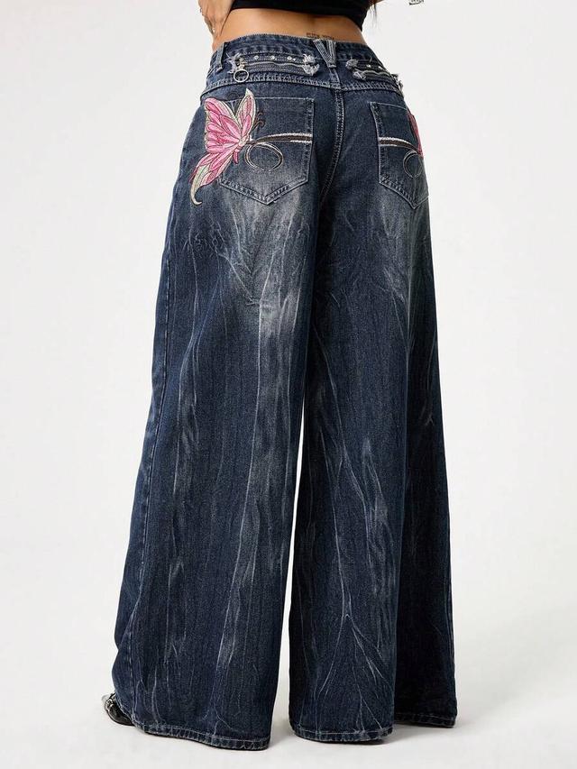butterfly embroidered distressed wide-leg vintage wash jeans