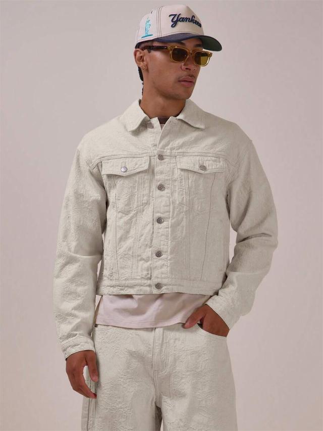 textured print oversized denim jacket in off-white