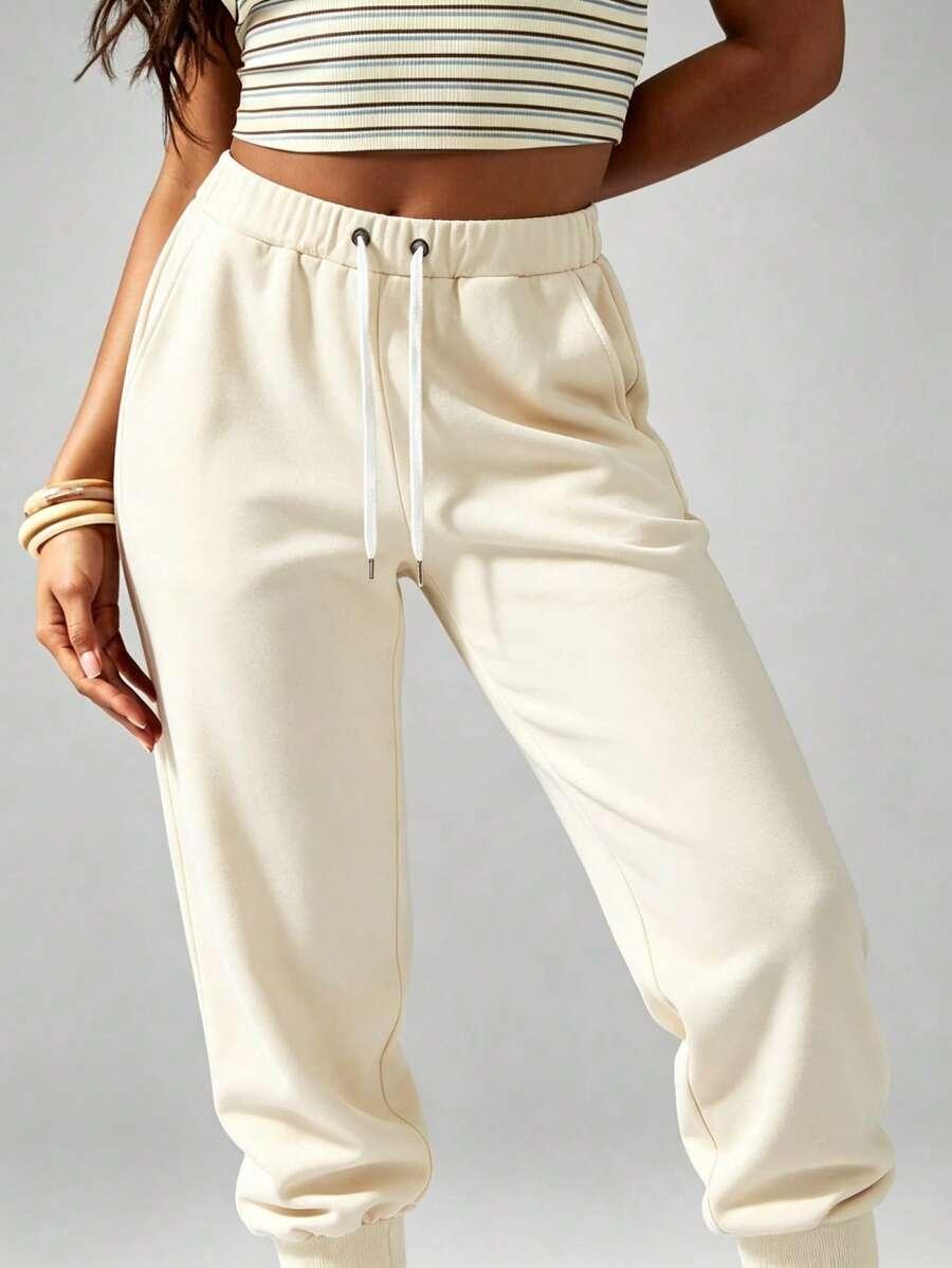 women's cream elastic drawstring waist ribbed cuff joggers