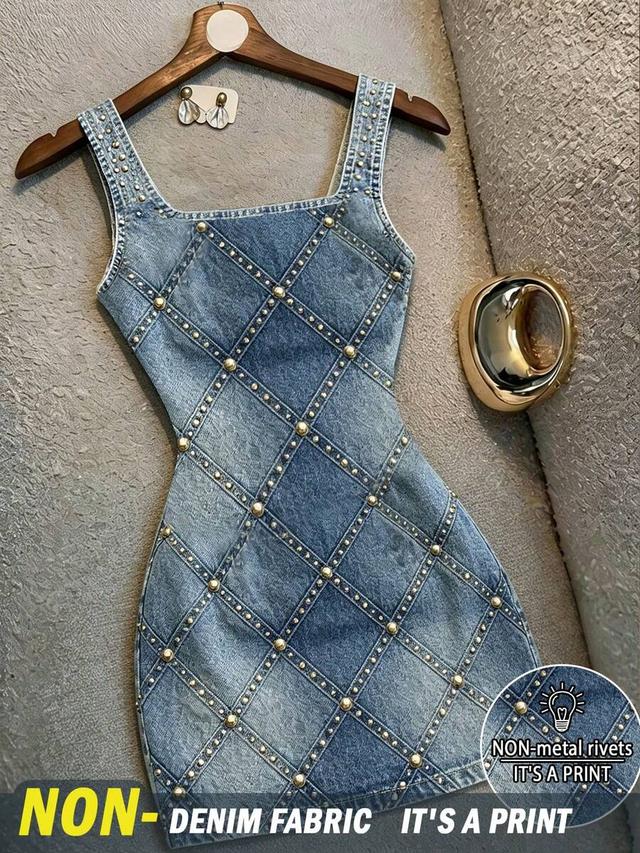 denim print mini dress with stud detailing