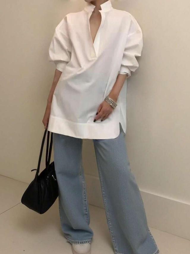 women's white polyester notched collar long sleeve shirt