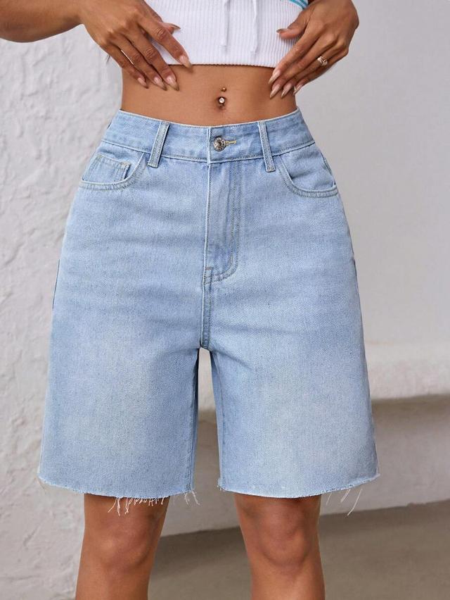 light wash denim bermuda shorts with raw hem