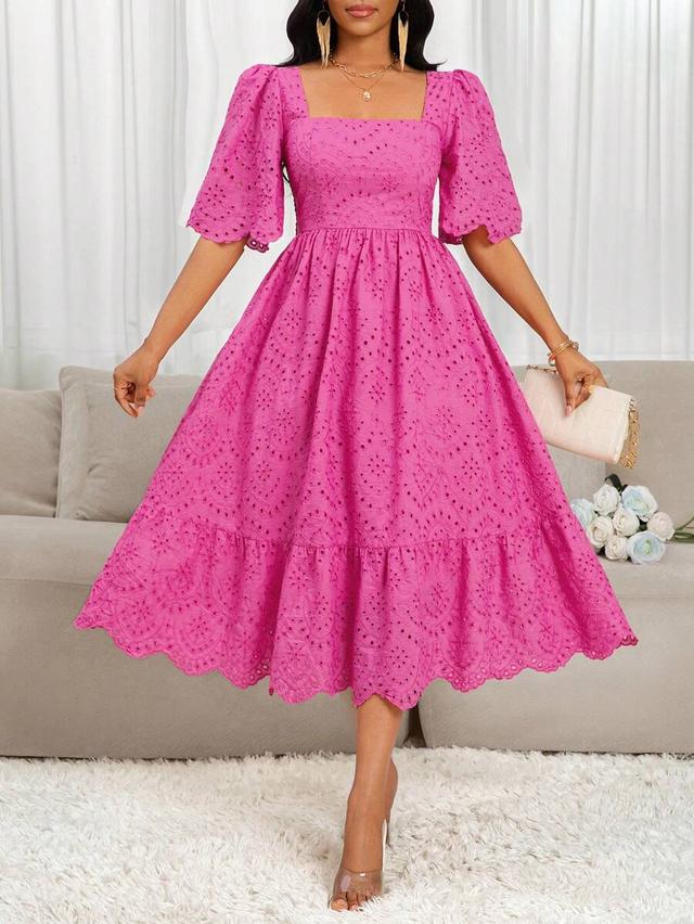 pink embroidered eyelet mid-length dress with puff sleeves