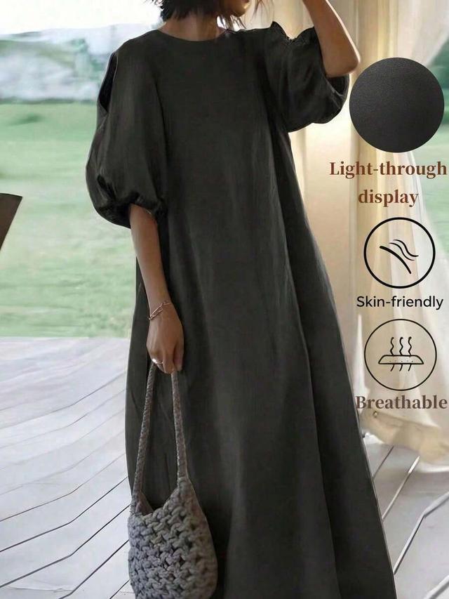 dark olive linen blend puff sleeve midi dress