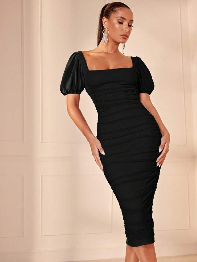 black square neck puff sleeve ruched mesh bodycon dress