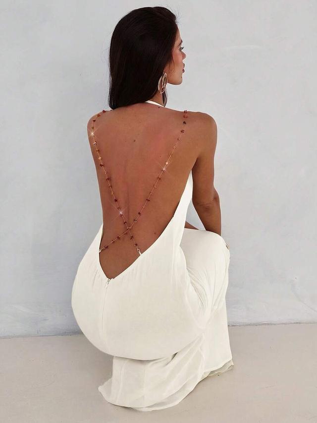 white plunging backless beaded chain strap fitted dress