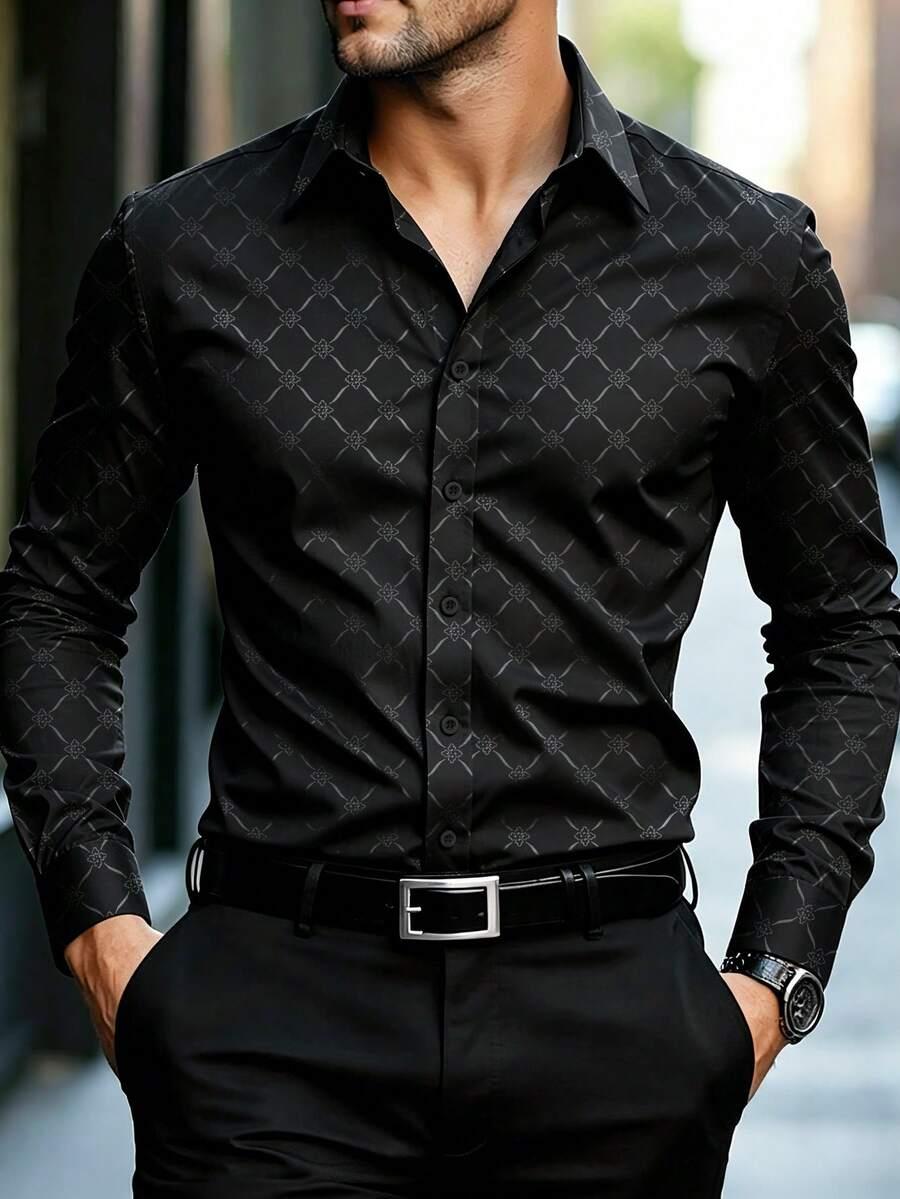 black patterned long sleeve slim fit dress shirt