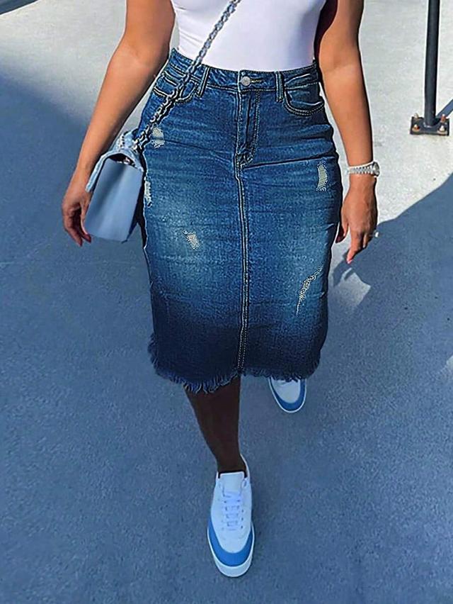 blue women's distressed denim midi skirt with raw hem