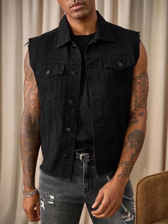 washed black frayed denim vest jacket