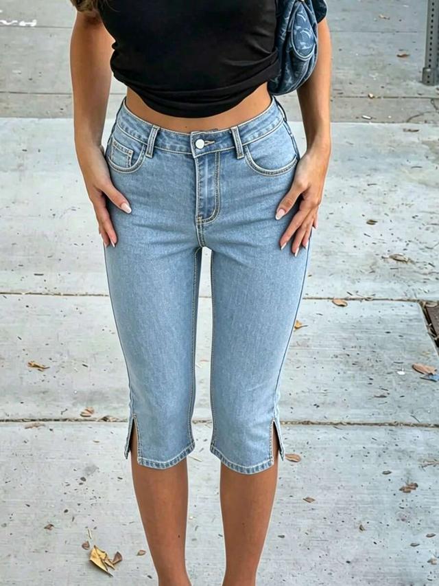 light wash denim capri jeans with side slits