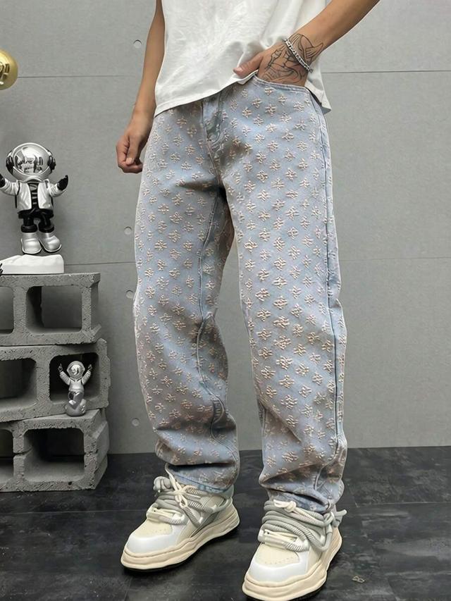 men's light wash crochet textured straight leg jeans