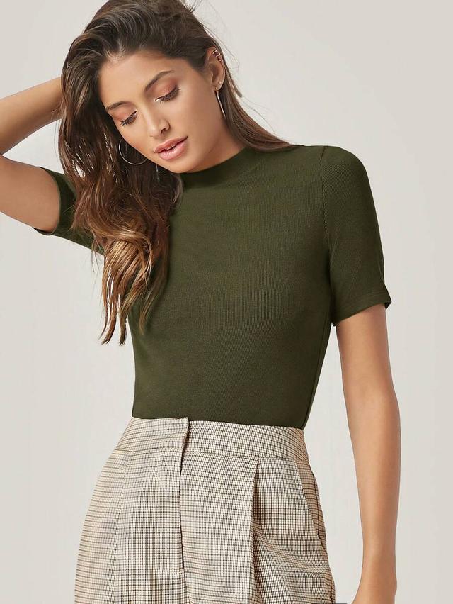 dark green ribbed stand collar short sleeve top