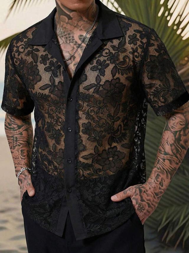 black floral sheer lace button up shirt