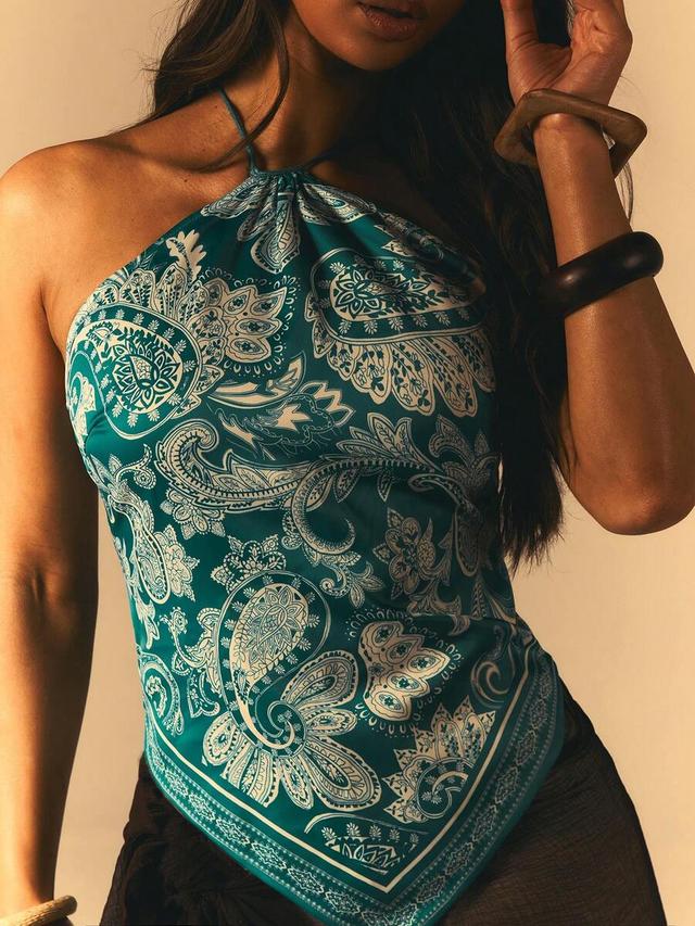 teal paisley printed halter neck scarf top