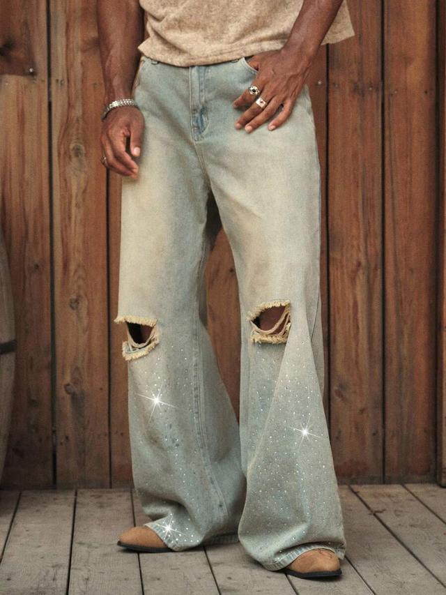 men's distressed washed denim jeans with rhinestone detailing