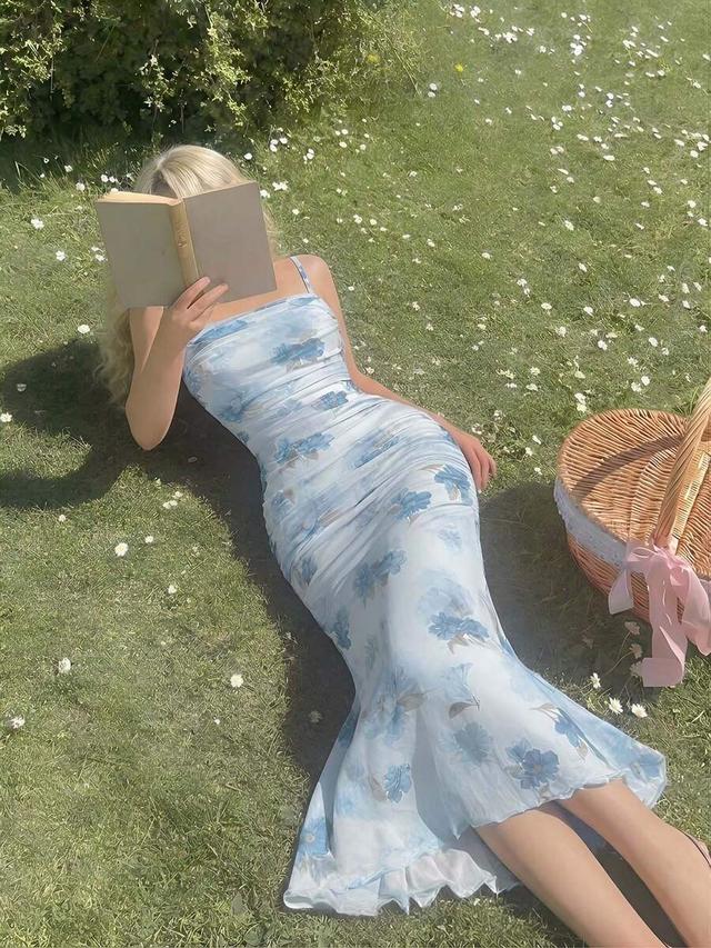 light blue floral ruched cottage core midi dress