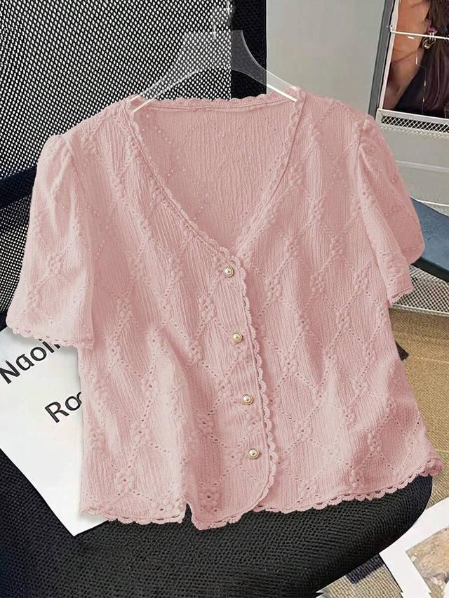 qadelle women's pink embroidered v-neck short sleeve blouse