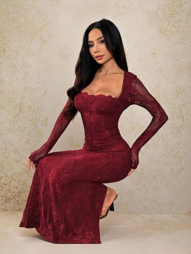 burgundy lace long-sleeved square neck maxi dress
