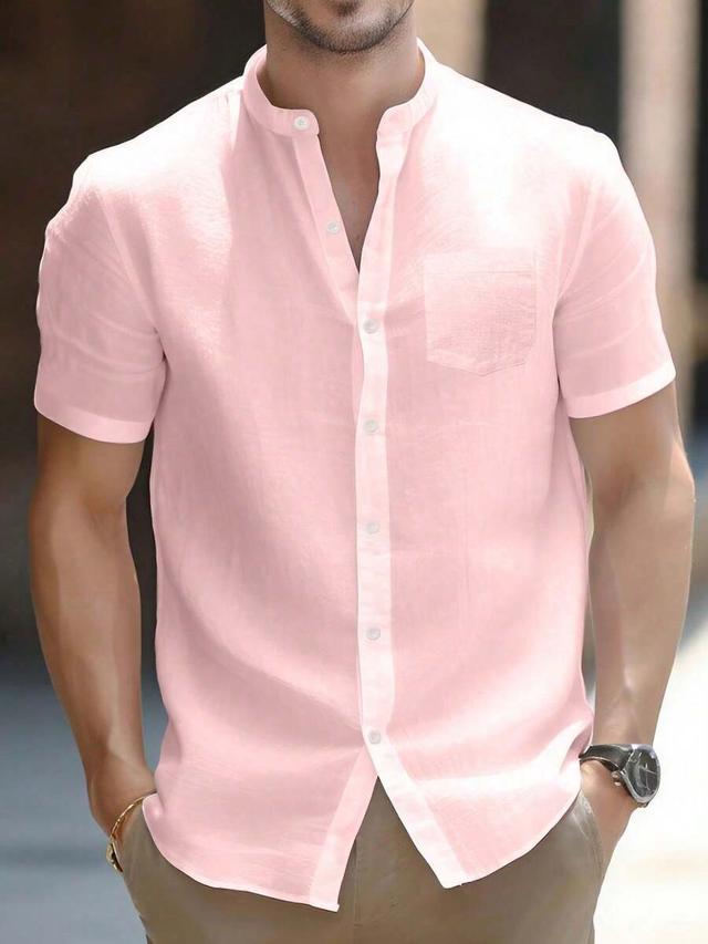 men's pink linen blend short sleeve mandarin collar shirt