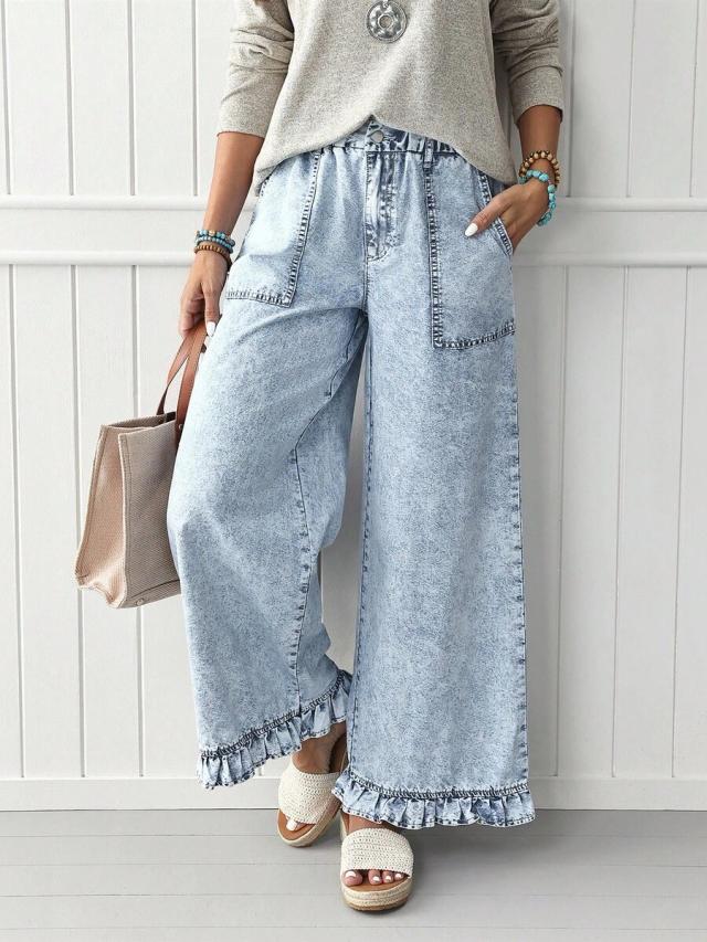 acid wash wide leg denim pants with ruffle hem