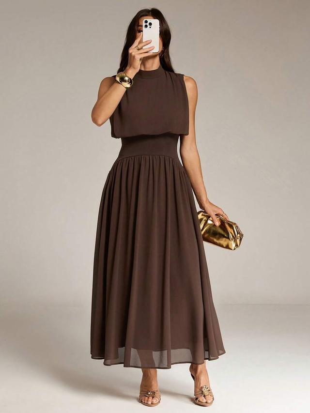 elegant brown high neck cinched waist a-line dress