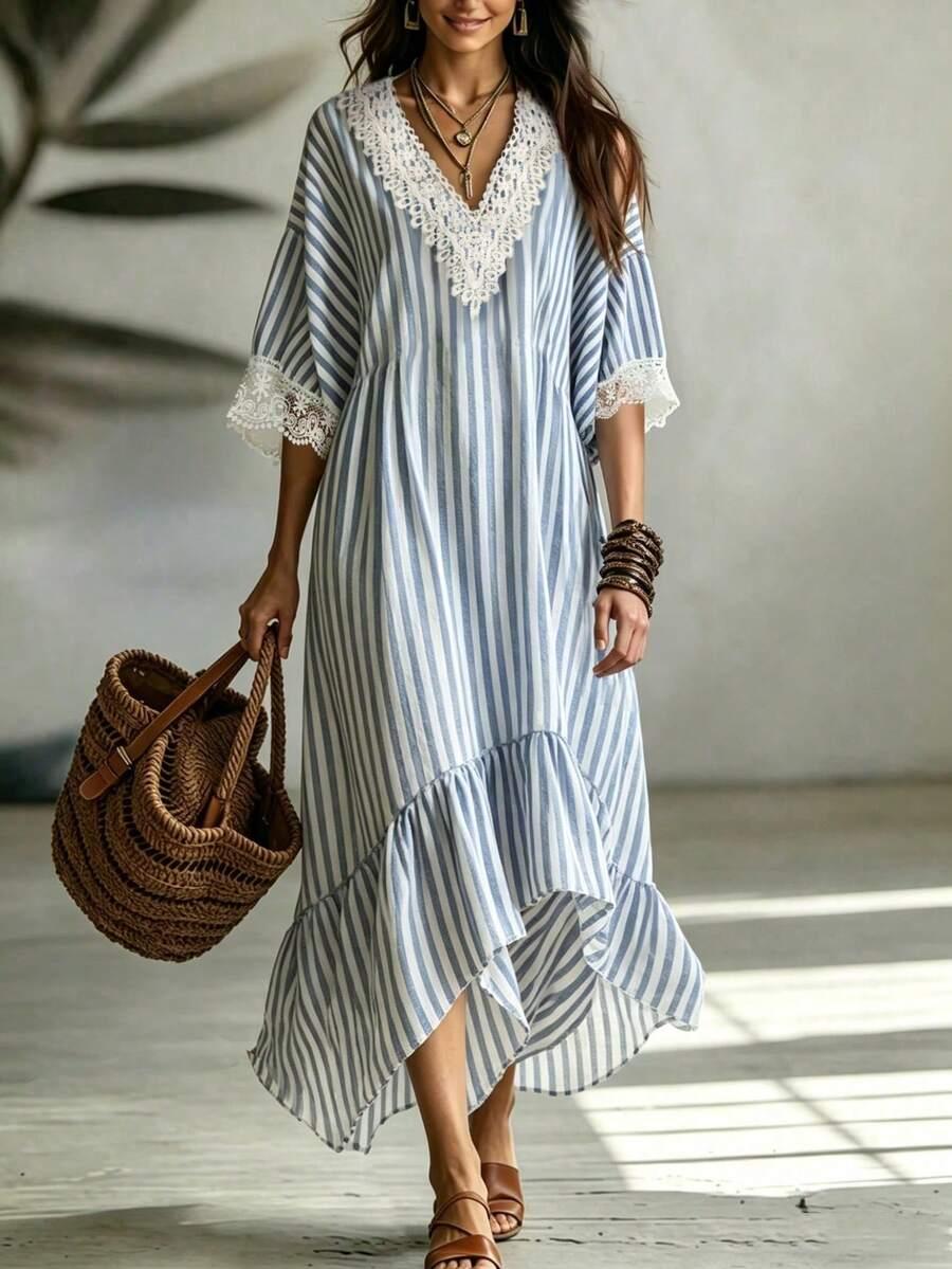 blue and white stripe v-neck lace-paneled maxi dress