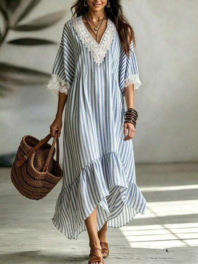 blue and white stripe v-neck lace-paneled maxi dress