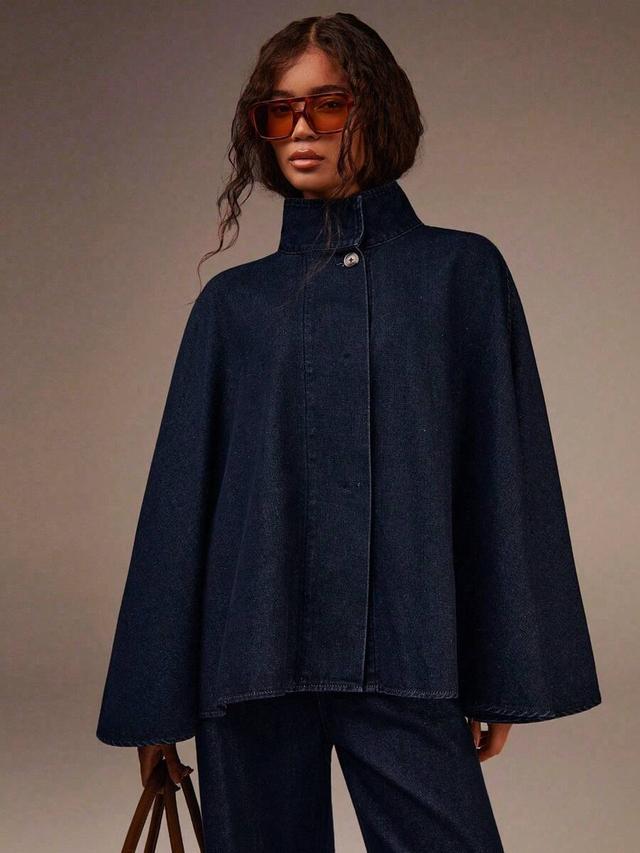deep indigo denim cape coat with stand collar