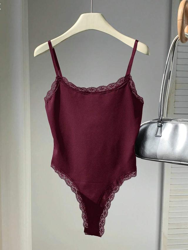 burgundy lace trim minimalist bodysuit