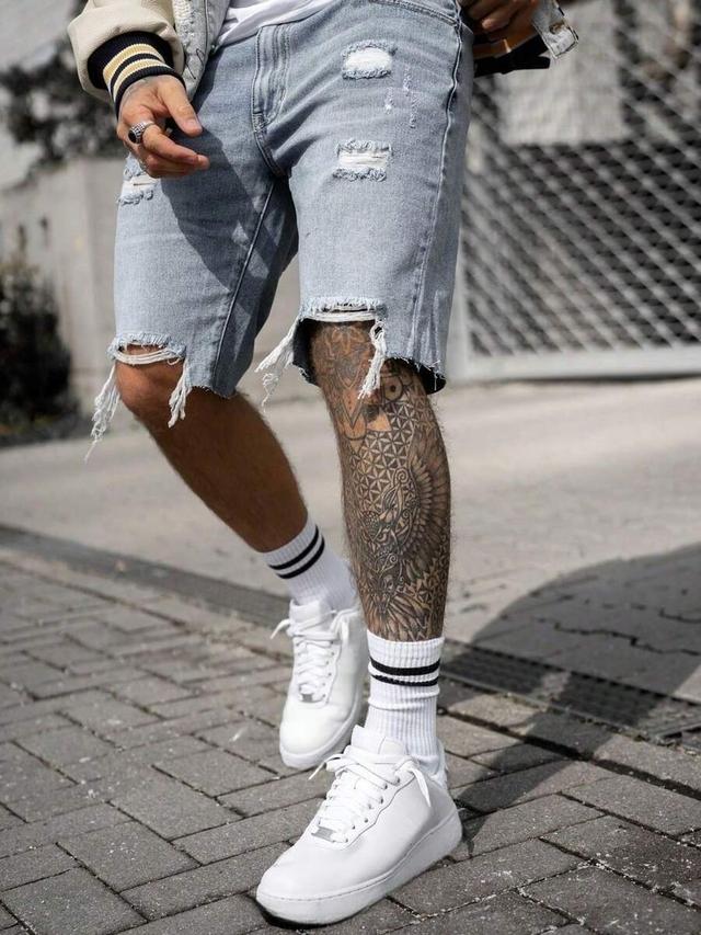 men's light wash distressed denim shorts